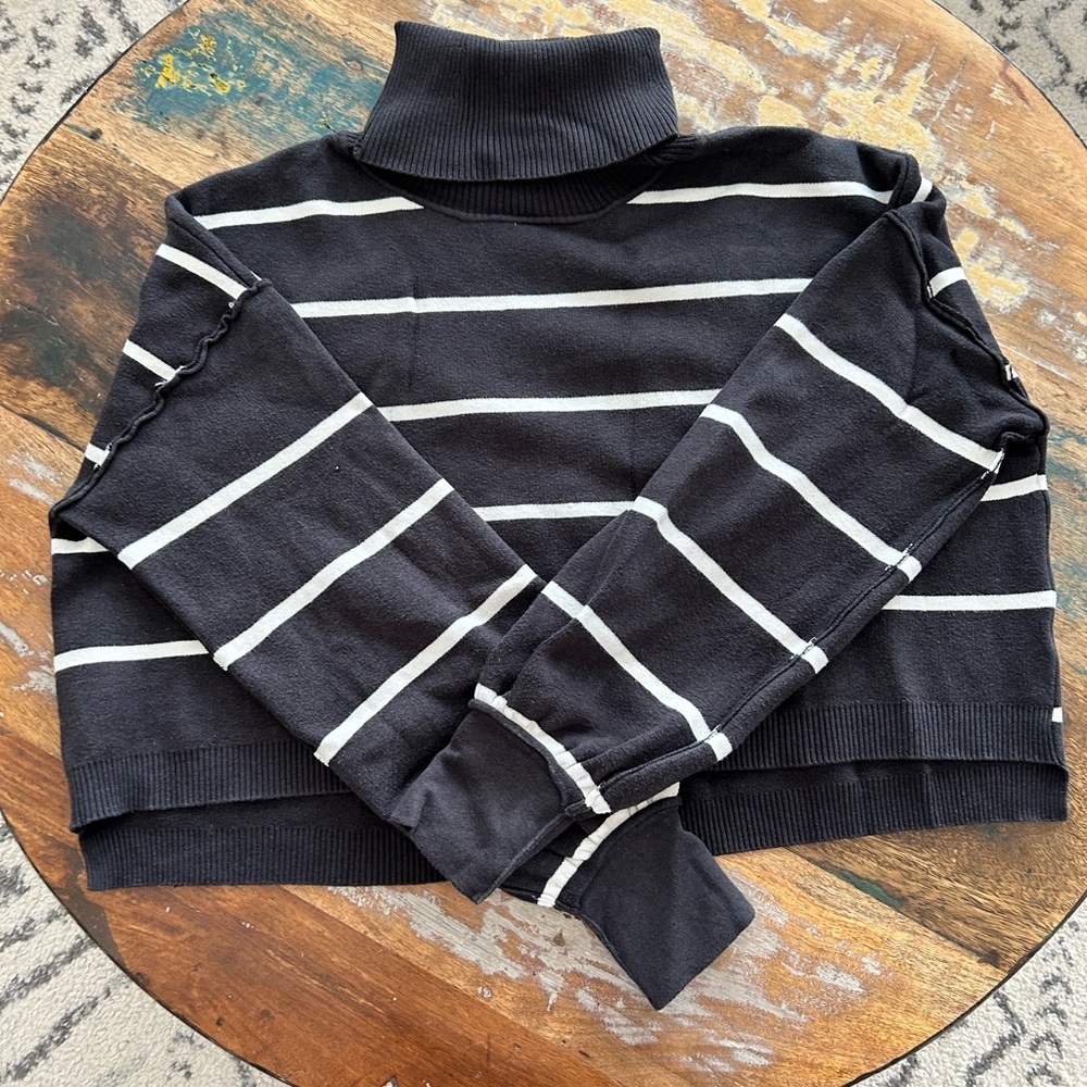 Free People Striped Grey & White Turtleneck Crop Sweater